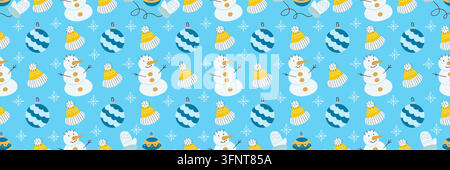 Christmas long pattern in hand-drawn style. Snowmen, winter hats. Print for design, textile, fabric, wallpaper, wrapping paper Stock Vector