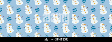 Christmas long pattern in hand-drawn style. Snowmen, Christmas tree toys. Print for design, textile, fabric, wallpaper, wrapping paper Stock Vector
