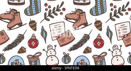 Christmas seamless pattern with holiday doodles. Festive winter print vector design. Cozy xmas hygge Stock Vector