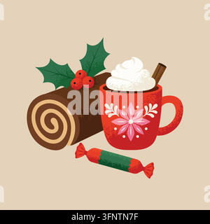 Cozy Christmas hot chocolate with whipped cream, Yule log cake and candy vector illustration. Stock Vector