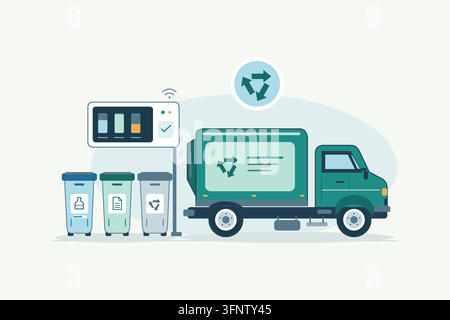 Smart waste management vector illustration showing a recycling collection truck, three sorting bins and a fill level monitoring panel with wireless Stock Vector