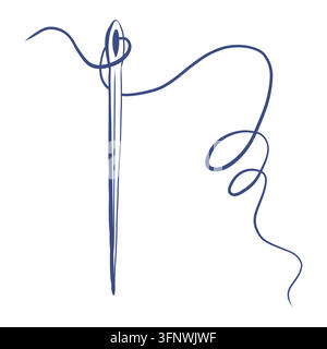 Sewing needle with thread hand drawn vector illustration. Linear sketch isolated of sewing concept, handmade for tailor shop. Outline drawing sewing Stock Vector