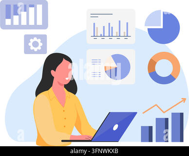 Woman working with a laptop in an office, as a data analysis stock illustration. Stock Vector