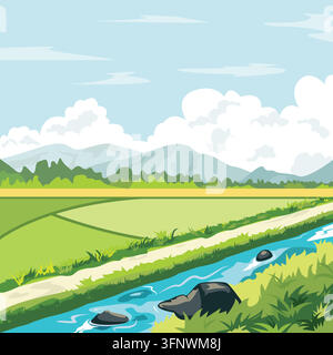 vector illustration of rice field landscape with mountains and irrigation river Stock Vector