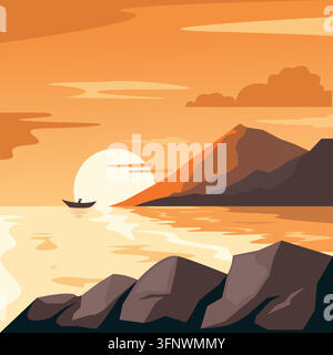 vector image of a sunset view at sea and there are fishermen who are fishing using a boat and there is a rocky hill in front of it,suitable for book c Stock Vector