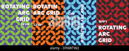 Rotating Arc Grid Modern Vibrant Geometric Seamless Pattern and Poster Set Stock Vector