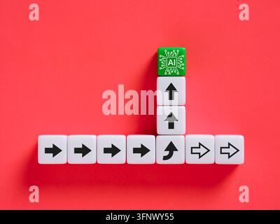 Artificial intelligence block on top of ascending arrows, symbolizing AI adoption, digital transformation, new direction and innovation concept. Stock Photo