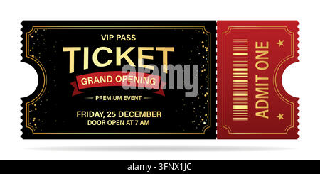 Luxury ticket vector template. Vector golden tickets isolated on whithe backgound. Cinema, theater, concert, game, party, event, festival Stock Vector