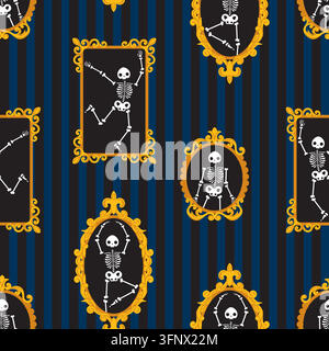 A pattern featuring skeletons in vintage frames against a striped background Stock Vector