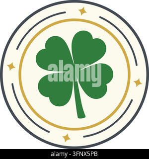 Flat illustration of a dark green four leaf clover centered inside a cream circular frame with gold lines and small star accents Stock Vector