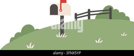 Flat illustration of a soft green hillside featuring a small mailbox fence posts shrubs and scattered white grass details Stock Vector