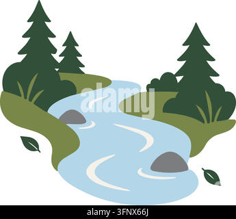 Flat illustration of a pale blue river flowing through a forest landscape with evergreen trees bushes rocks and grassy banks Stock Vector