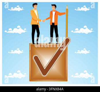 Two businessmen shaking hands atop a large check mark symbol against a cloudy, blue sky background indicating agreement or success. Flat vector modern Stock Vector