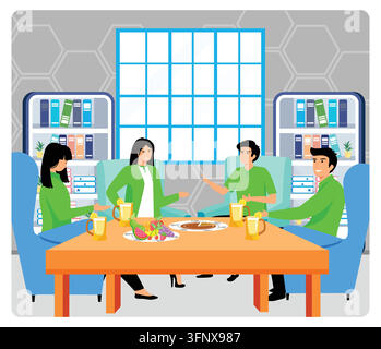 A diverse group of individuals engage in casual discussions while sitting in the office with food and drinks provided, a friendly atmosphere that enco Stock Vector