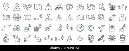 Location and Navigation line icon set. Map pin, local route, compass, journey, proximity, globe symbols linear minimal vector illustration. Simple Stock Vector
