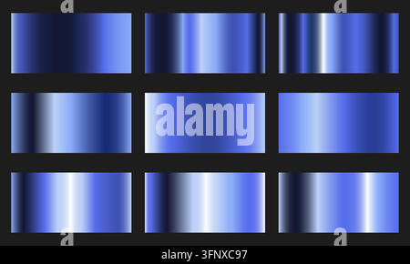 Grid of nine blue gradient panels on black background. Smooth and sharp tonal transitions from navy to sky blue, perfect for modern design, branding Stock Vector