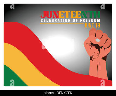 A powerful Juneteenth celebration design with a raised fist and African inspired flag colors symbolizing freedom, equality, and unity during an impact Stock Vector