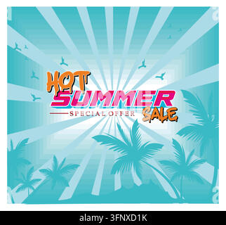 The bright summer sale graphic features bold typography, a blue tropical-themed background with palm tree silhouettes, and radiating sunlight. Ideal f Stock Vector