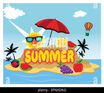Vibrant artwork showcasing summer with a sunny beach setting, colorful fruit, and relaxation vibes. Flat vector modern illustration Stock Vector