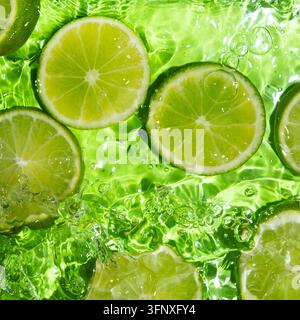 Fresh Lime Slices Floating in Clear Water, Top View Stock Photo