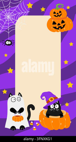 Cute Halloween Instagram story template background with cute black cats in ghost sheet costume, witch hat, jack o lantern pumpkins, spiderweb, stars Stock Vector
