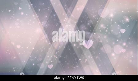 Romantic abstract background featuring soft heart-shaped bokeh, sparkling glitter, and wide diagonal intersecting stripes over a blurred muted gradien Stock Photo
