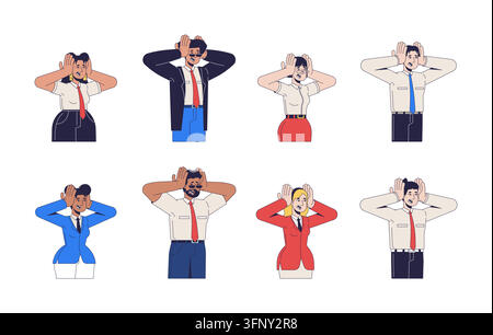 Diverse office workers clutching heads from workplace stress 2D cartoon characters pack Stock Vector
