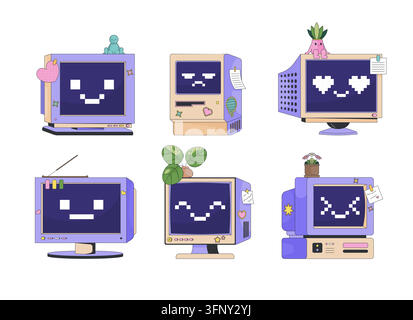 Cute retro computers with pixel faces and vintage monitors 2D cartoon clip art set Stock Vector