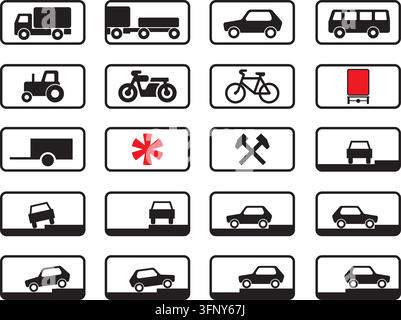 Vector road signs of additional information, plates. Parking, transport, tractor, passenger car, motorcycle, bicycle, workers, holidays and weekends, Stock Vector