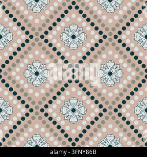 Seamless vintage lattice pattern with floral rosette motifs inside dotted diamond frames on dusty pink background. Elegant classical vector pattern Stock Vector