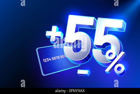 Eye-catching 3D render showcasing a credit card with a plus 55 percent bonus for loyalty programs. Vector illustration. Stock Vector