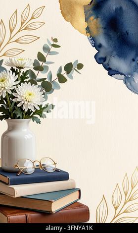 A teacher's day card with white chrysanthemums and eucalyptus, a stack of vintage books, a fountain pen and round glasses. For invitations, office sup Stock Photo