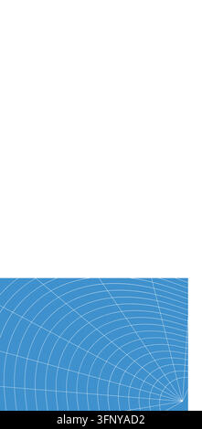 Polar perspective grid radial concentric circle vector background blue. Spoke lines radiating out from corner with expanding circular arcs sky blue ba Stock Vector