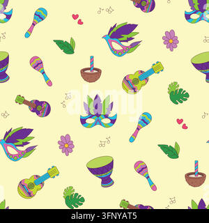 Brazilian carnival seamless pattern party attributes background vector illustration yellow. Colorful carnival elements bright maracas ukulele drum tro Stock Vector