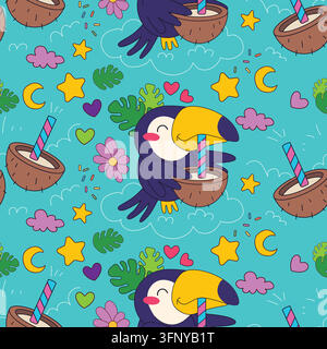 Brazilian carnival toucan drinking coconut cocktail seamless pattern vector blue. Cute toucans sipping fresh coconut juice through straw tropical leav Stock Vector