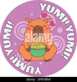 Capybara groovy eating ramen noodles yum yum badge sticker vector illustration pink. Happy cartoon capybara sitting eating bowl delicious ramen noodle Stock Vector