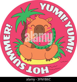 Cute groovy capybara eating juicy watermelon slice hot summer badge sticker vector illustration pink. Cute capybara sitting beach island under palm tr Stock Vector