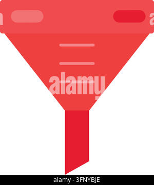 Laboratory funnel chemical filtering equipment vector icon illustration isolated white. Bright red plastic chemical funnel liquid pouring tool isolate Stock Vector