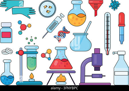 Chemistry laboratory equipment science research icon collection set vector illustration. Bright flat linear set including flasks beaker microscope the Stock Vector