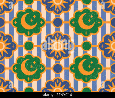 Retro Celestial Sun Moon Stripe Seamless Pattern Vector. Seamless vector pattern featuring retro celestial sun moon motif. Blue vertical stripe backgr Stock Vector