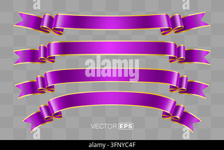 Set of elegant purple satin ribbons with a luxurious golden trim. Perfect for banners, labels, or decorative elements. Vector illustration Stock Vector