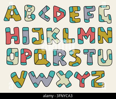 Patchwork stitched alphabet font set fabric sewn letters cartoon vector illustration. Complete english alphabet uppercase letters designed cloth patch Stock Vector