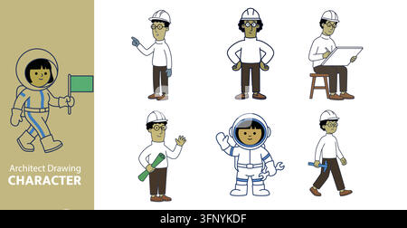 Cartoon architect and astronaut characters performing construction and space-themed activities in flat design style Stock Vector