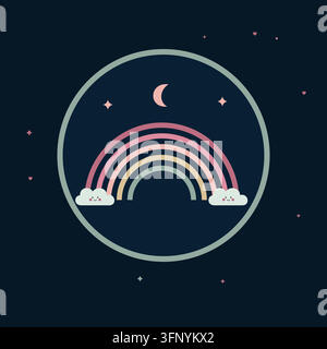 Cute flat design with rainbow, crescent moon, and stars. Sweet, whimsical illustration for kids and babies. Stock Vector