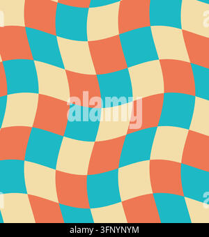 Abstract distorted chess grid pattern with orange and blue squares for artistic surface texture design templates Stock Vector