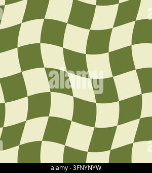 Abstract distorted checkerboard seamless pattern featuring a modern warped grid design in creamy white and olive green. Stock Vector