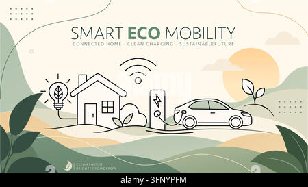 smart eco mobility with electric car, connected home and clean energy Stock Vector