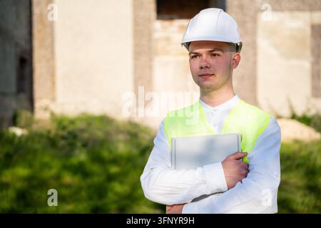 Construction professional holding a laptop at an outdoor building site while wearing a hard hat and safety vest. Digital construction workflow site co Stock Photo