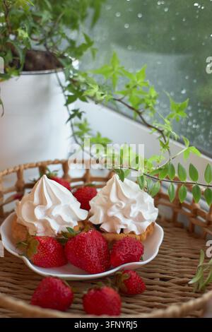 Its small plate rests within a wicker tray below a white plant pot. Red berries scattered in the foreground add color and depth to the softly lit, she Stock Photo