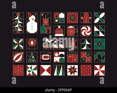 Christmas art deco icons set drawing in flat line style on black background. Stock Vector